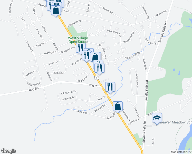 map of restaurants, bars, coffee shops, grocery stores, and more near Fisherville Road in Concord