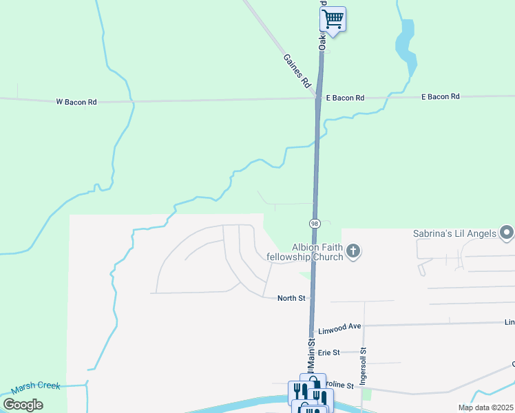 map of restaurants, bars, coffee shops, grocery stores, and more near 14350 Northwood Drive in Albion