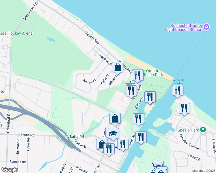 map of restaurants, bars, coffee shops, grocery stores, and more near 97 Wilder Terrace in Rochester