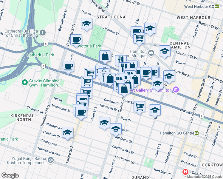 map of restaurants, bars, coffee shops, grocery stores, and more near in Hamilton