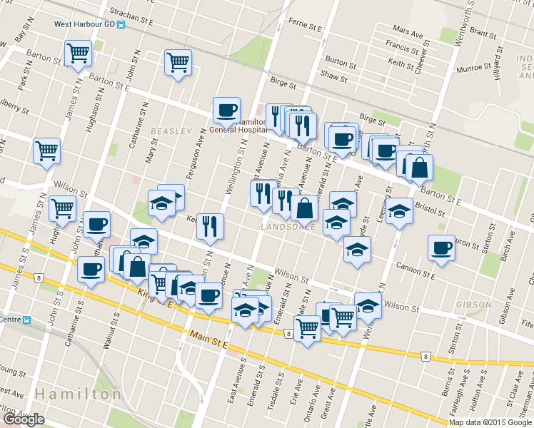 map of restaurants, bars, coffee shops, grocery stores, and more near 163 Victoria Avenue North in Hamilton