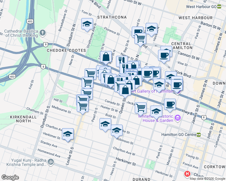 map of restaurants, bars, coffee shops, grocery stores, and more near 277 Main Street West in Hamilton