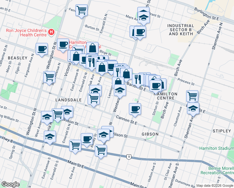map of restaurants, bars, coffee shops, grocery stores, and more near 193 Wentworth Street North in Hamilton