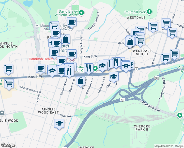 map of restaurants, bars, coffee shops, grocery stores, and more near Main St W & Dalewood Ave in Hamilton