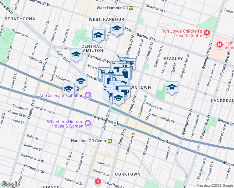 map of restaurants, bars, coffee shops, grocery stores, and more near 46 James Street North in Hamilton