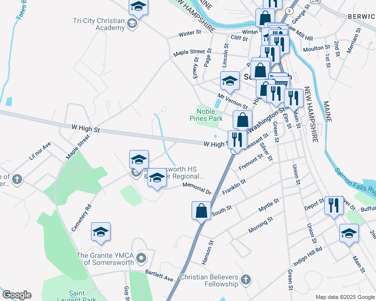 map of restaurants, bars, coffee shops, grocery stores, and more near 54 West High Street in Somersworth