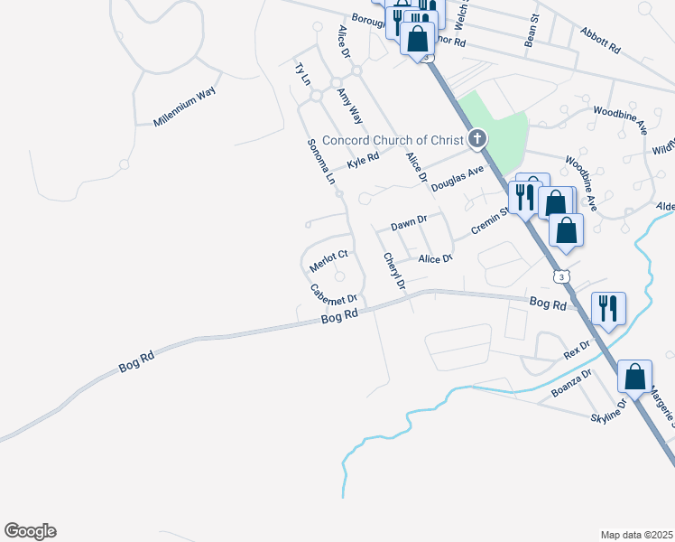 map of restaurants, bars, coffee shops, grocery stores, and more near 3 Merlot Court in Concord