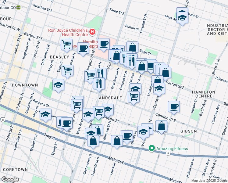 map of restaurants, bars, coffee shops, grocery stores, and more near in Hamilton