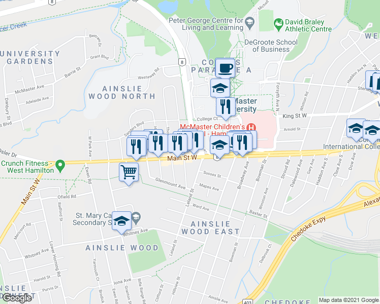map of restaurants, bars, coffee shops, grocery stores, and more near 2490 Cootes Drive in Hamilton