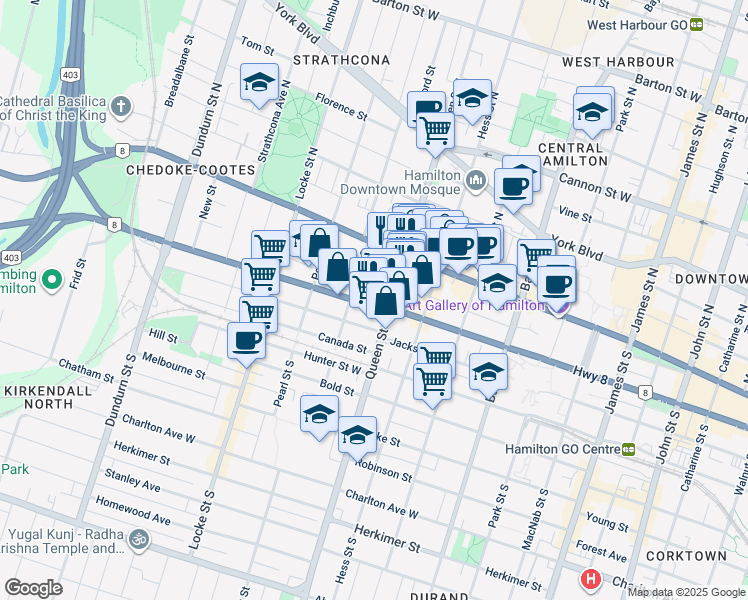 map of restaurants, bars, coffee shops, grocery stores, and more near 250 Main Street West in Hamilton