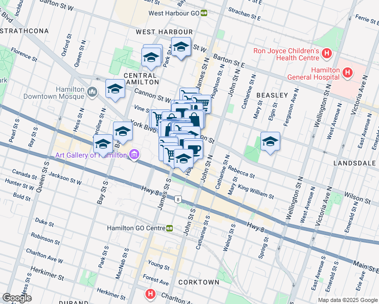 map of restaurants, bars, coffee shops, grocery stores, and more near 20 Rebecca Street in Hamilton