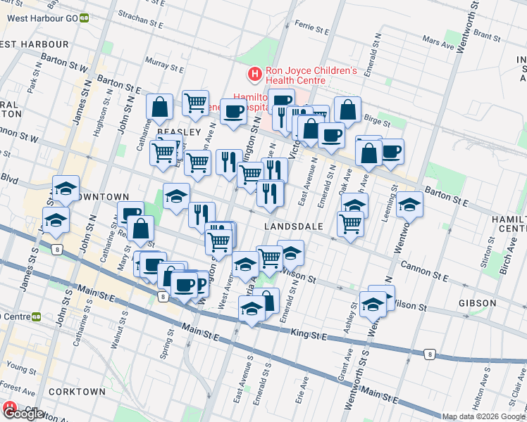 map of restaurants, bars, coffee shops, grocery stores, and more near 269 Cannon Street East in Hamilton