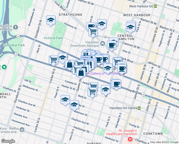 map of restaurants, bars, coffee shops, grocery stores, and more near 32 Hess Street South in Hamilton