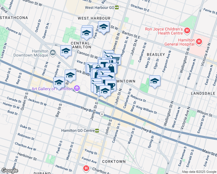 map of restaurants, bars, coffee shops, grocery stores, and more near 20 Rebecca Street in Hamilton