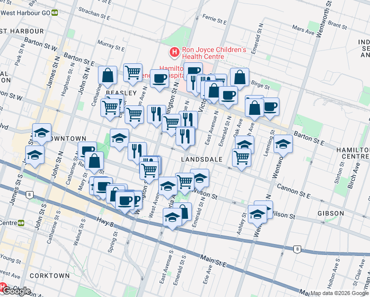 map of restaurants, bars, coffee shops, grocery stores, and more near 163 Victoria Avenue North in Hamilton