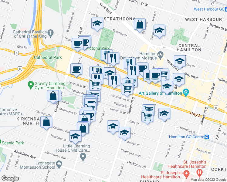 map of restaurants, bars, coffee shops, grocery stores, and more near 305 Main Street West in Hamilton