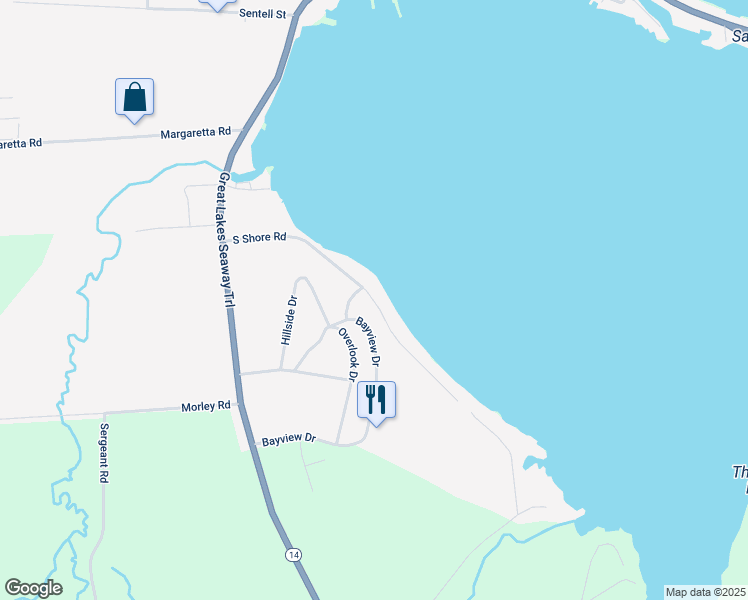 map of restaurants, bars, coffee shops, grocery stores, and more near South Shore Road in Sodus Point