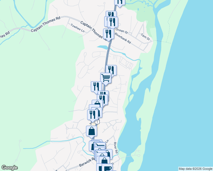 map of restaurants, bars, coffee shops, grocery stores, and more near 501 Main Street in Ogunquit