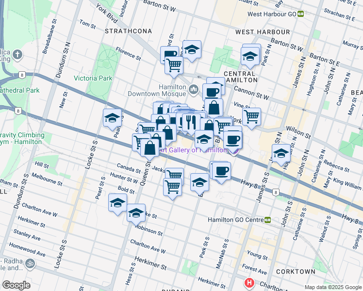 map of restaurants, bars, coffee shops, grocery stores, and more near in Hamilton