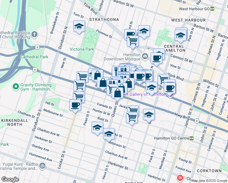 map of restaurants, bars, coffee shops, grocery stores, and more near 34 Queen Street South in Hamilton