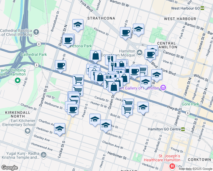 map of restaurants, bars, coffee shops, grocery stores, and more near in Hamilton