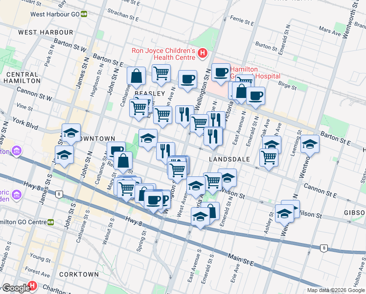 map of restaurants, bars, coffee shops, grocery stores, and more near 153 Wellington Street North in Hamilton