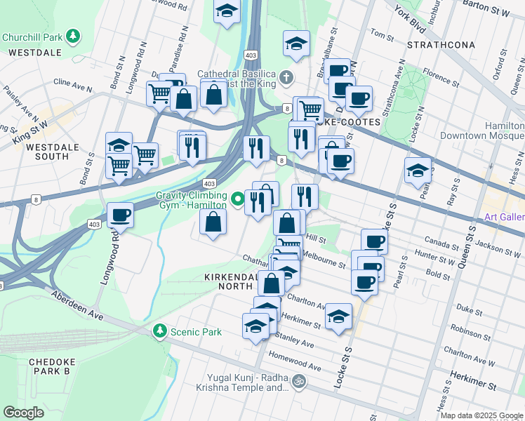 map of restaurants, bars, coffee shops, grocery stores, and more near in Hamilton