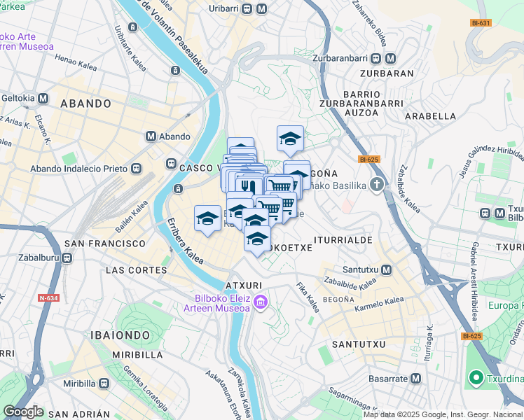 map of restaurants, bars, coffee shops, grocery stores, and more near 10 Iturribide Kalea in Bilbao