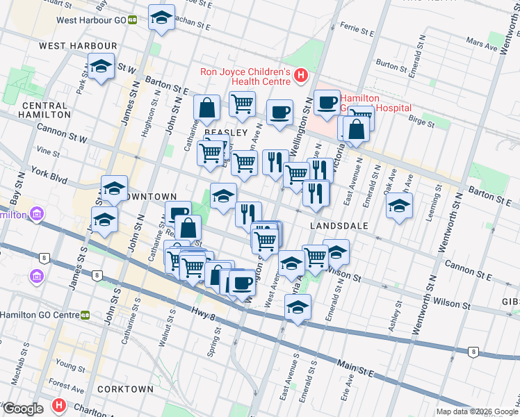 map of restaurants, bars, coffee shops, grocery stores, and more near 74 Cathcart Street in Hamilton