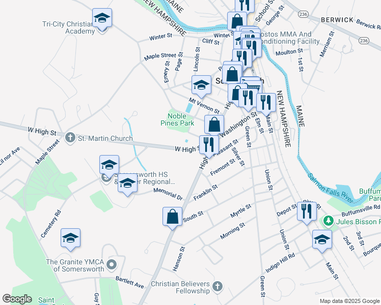 map of restaurants, bars, coffee shops, grocery stores, and more near 22 West High Street in Somersworth