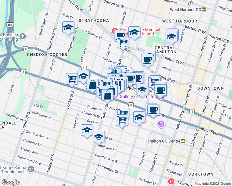 map of restaurants, bars, coffee shops, grocery stores, and more near 105 George Street in Hamilton
