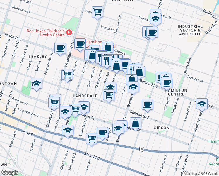 map of restaurants, bars, coffee shops, grocery stores, and more near 53 Smith Avenue in Hamilton