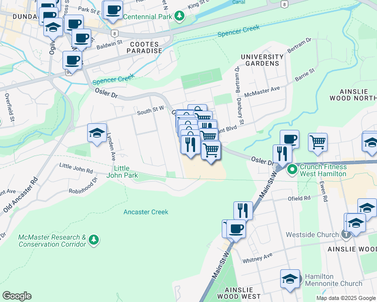 map of restaurants, bars, coffee shops, grocery stores, and more near 101 Osler Drive in Hamilton