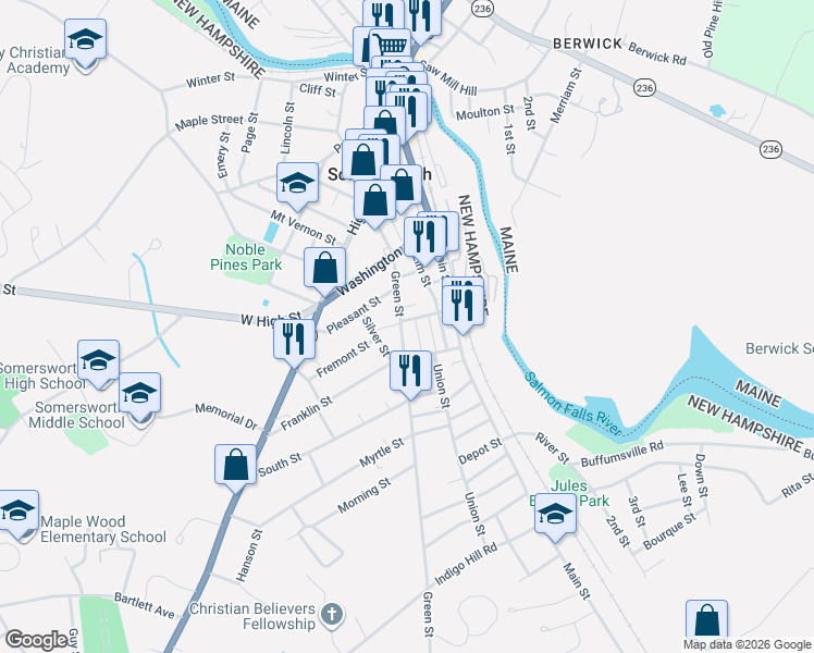 map of restaurants, bars, coffee shops, grocery stores, and more near 1 Plaza Terrace in Somersworth