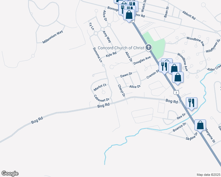 map of restaurants, bars, coffee shops, grocery stores, and more near 28 Cabernet Drive in Concord