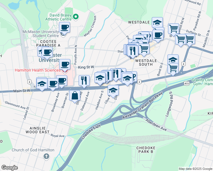 map of restaurants, bars, coffee shops, grocery stores, and more near in Hamilton