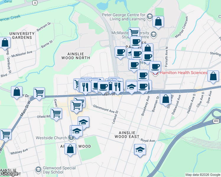 map of restaurants, bars, coffee shops, grocery stores, and more near 16 Thorndale Street North in Hamilton