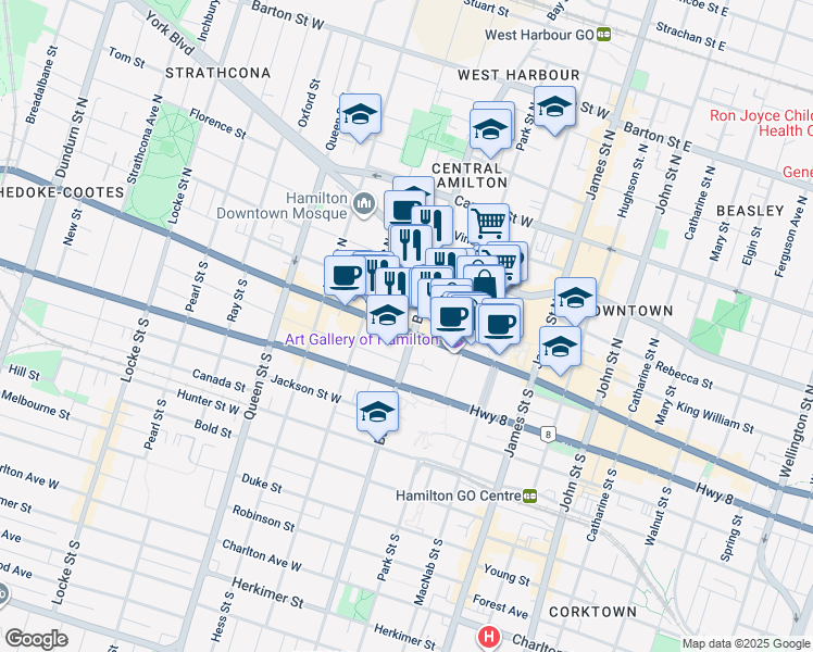 map of restaurants, bars, coffee shops, grocery stores, and more near 120 King Street West in Hamilton
