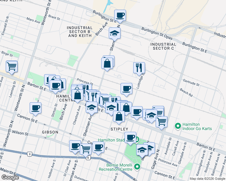 map of restaurants, bars, coffee shops, grocery stores, and more near 150 Princess Street in Hamilton
