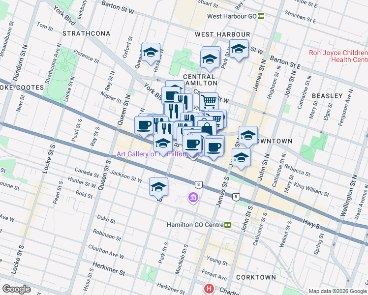 map of restaurants, bars, coffee shops, grocery stores, and more near 120 King Street West in Hamilton