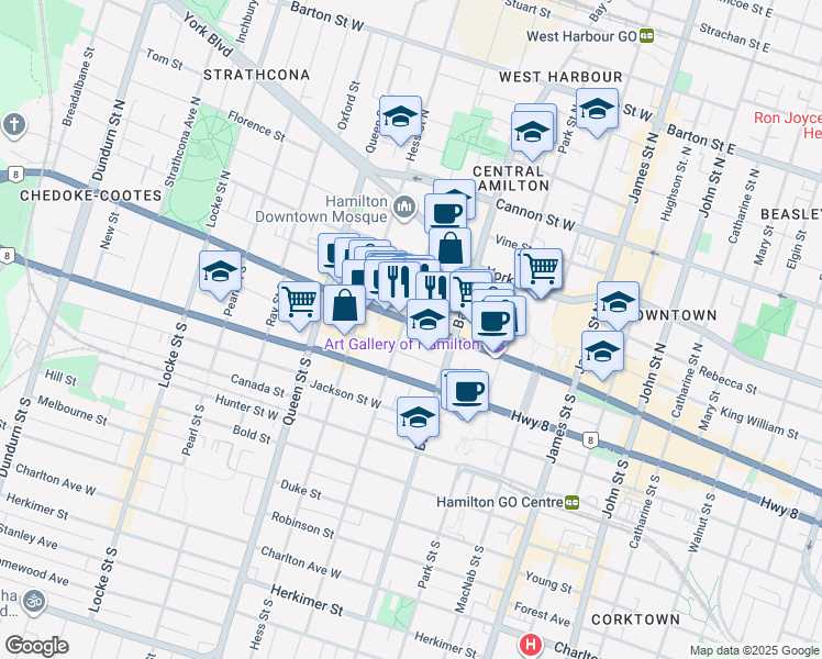 map of restaurants, bars, coffee shops, grocery stores, and more near 207 King Street West in Hamilton