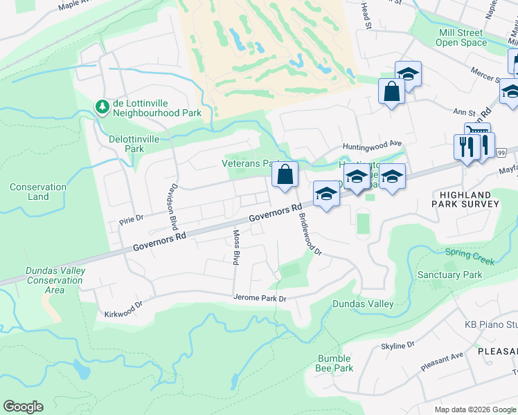 map of restaurants, bars, coffee shops, grocery stores, and more near 11 Pirie Drive in Hamilton