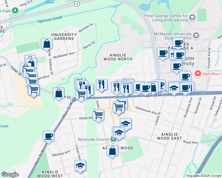map of restaurants, bars, coffee shops, grocery stores, and more near 10 Westbourne Road in Hamilton