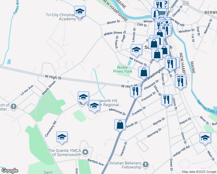 map of restaurants, bars, coffee shops, grocery stores, and more near 54 West High Street in Somersworth
