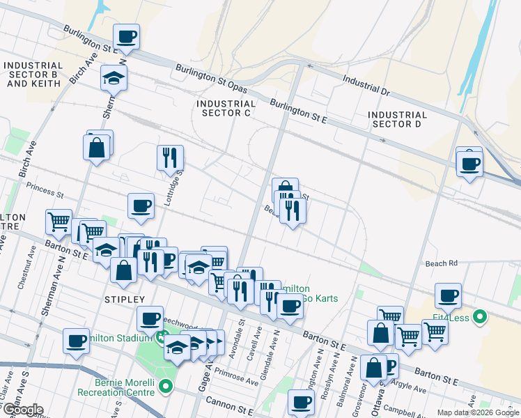 map of restaurants, bars, coffee shops, grocery stores, and more near in Hamilton