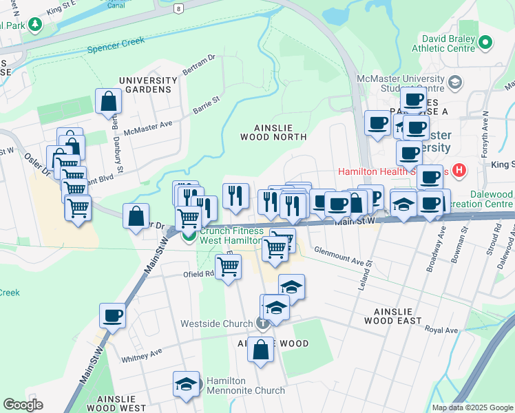 map of restaurants, bars, coffee shops, grocery stores, and more near 10 Westbourne Road in Hamilton