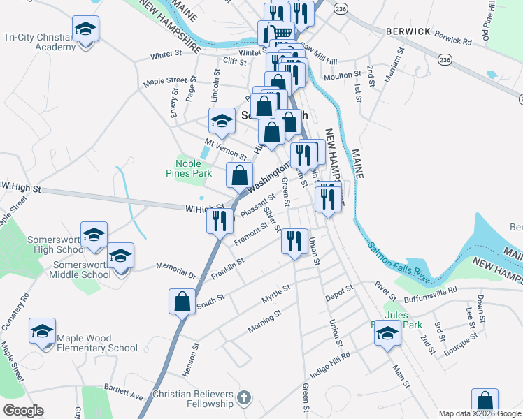 map of restaurants, bars, coffee shops, grocery stores, and more near 33 Pleasant Street in Somersworth