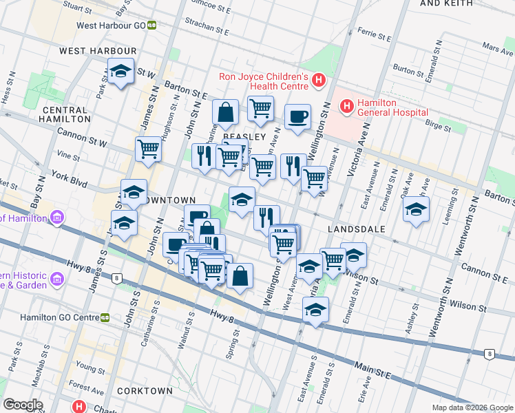 map of restaurants, bars, coffee shops, grocery stores, and more near 132 Ferguson Avenue North in Hamilton