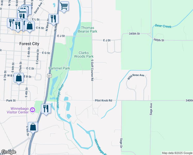 map of restaurants, bars, coffee shops, grocery stores, and more near 543-899 South Golf Course Road in Forest City