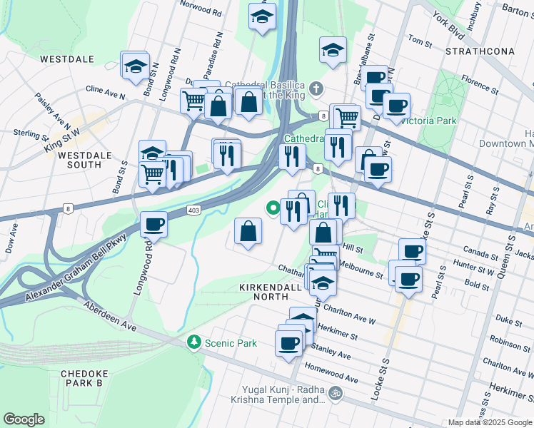 map of restaurants, bars, coffee shops, grocery stores, and more near 70 Frid Street in Hamilton